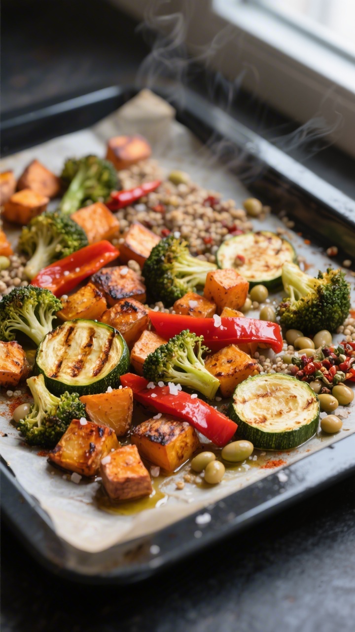 Cooking process, close-up: Sheet pan of roasted Ofengemüse for the Quinoa-Bowl just out of the oven