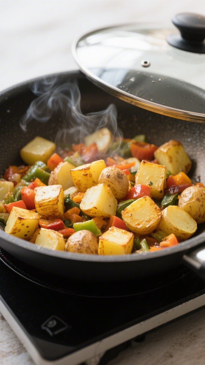 Cooking process close-up: Sizzling Kartoffel-Gemüse-Pfanne in a large nonstick skillet with lid sli
