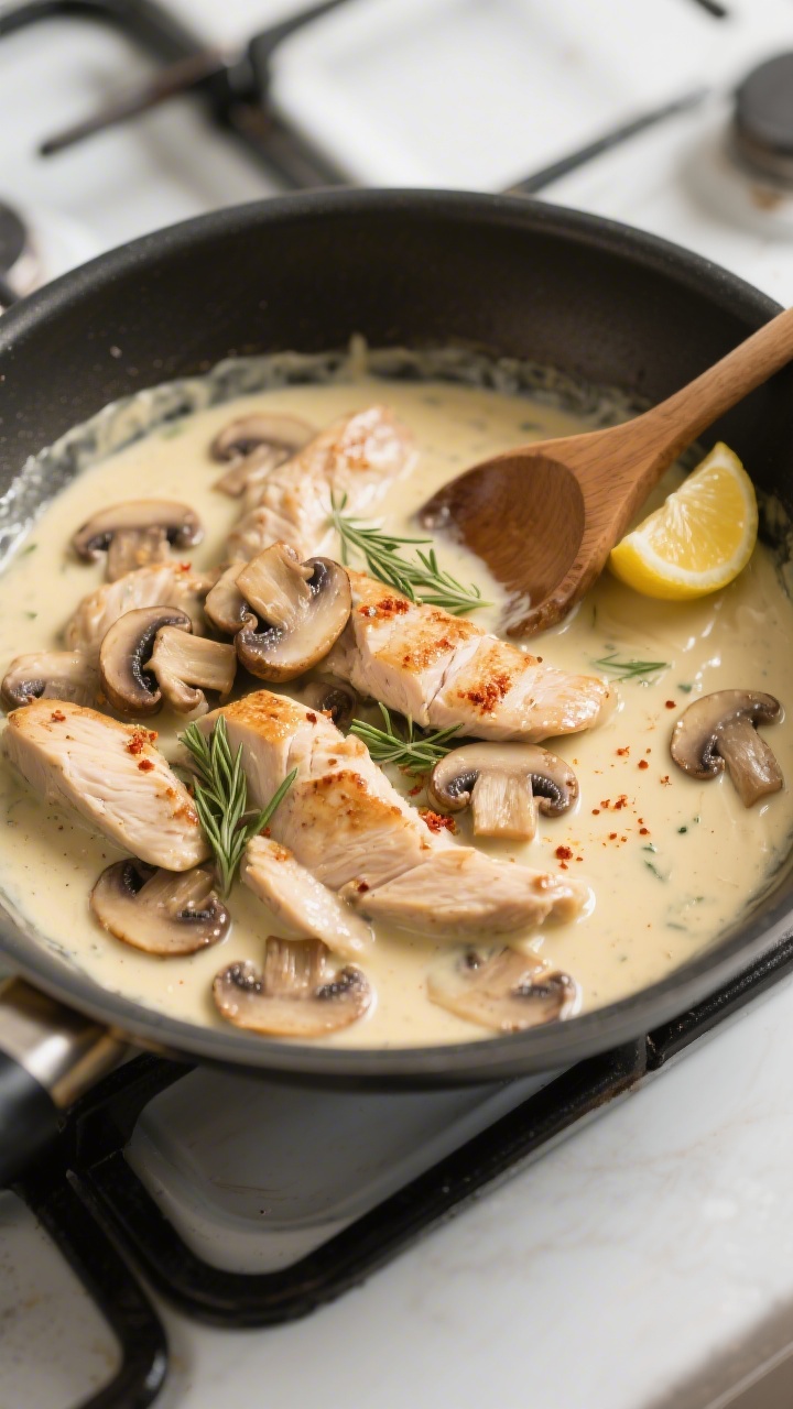 Cooking process: Hähnchen-Champignon-Pfanne mid-sauce stage in a sauté pan—creamy sauce made wit