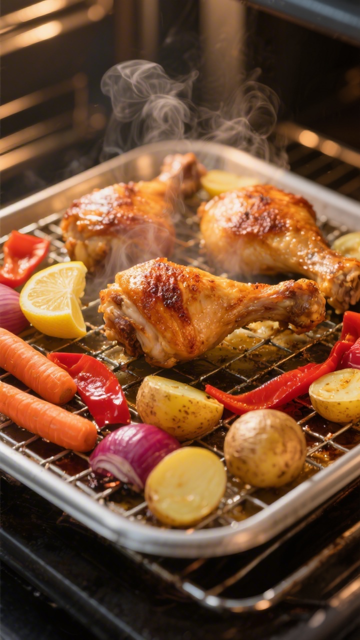 Cooking Process: Hähnchenschenkel auf einem Ofengitter über einem mit Gemüse ausgelegten Blech (h