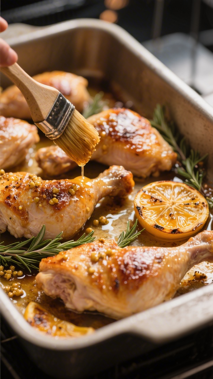 Cooking process: Hähnchenteile skin-side up in a lightly oiled roasting pan mid-bake, being basted