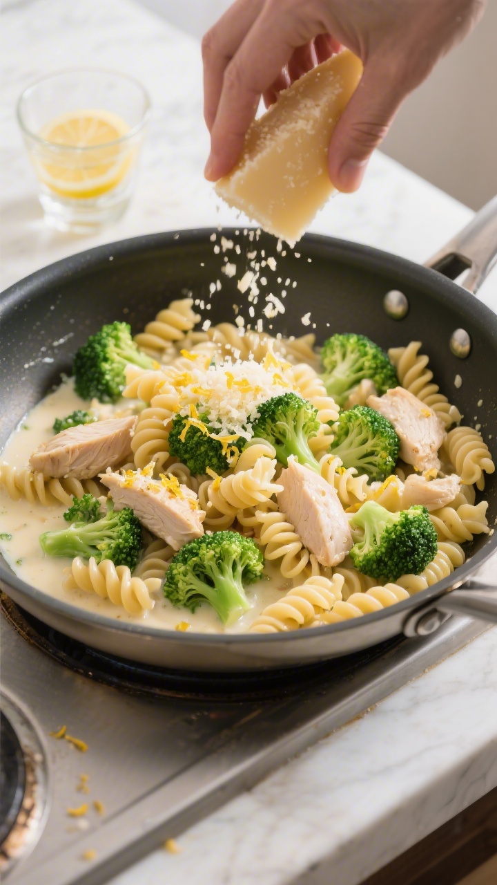 Cooking process: Overhead shot of al dente Fusilli being tossed in a large sauté pan with leuchtend