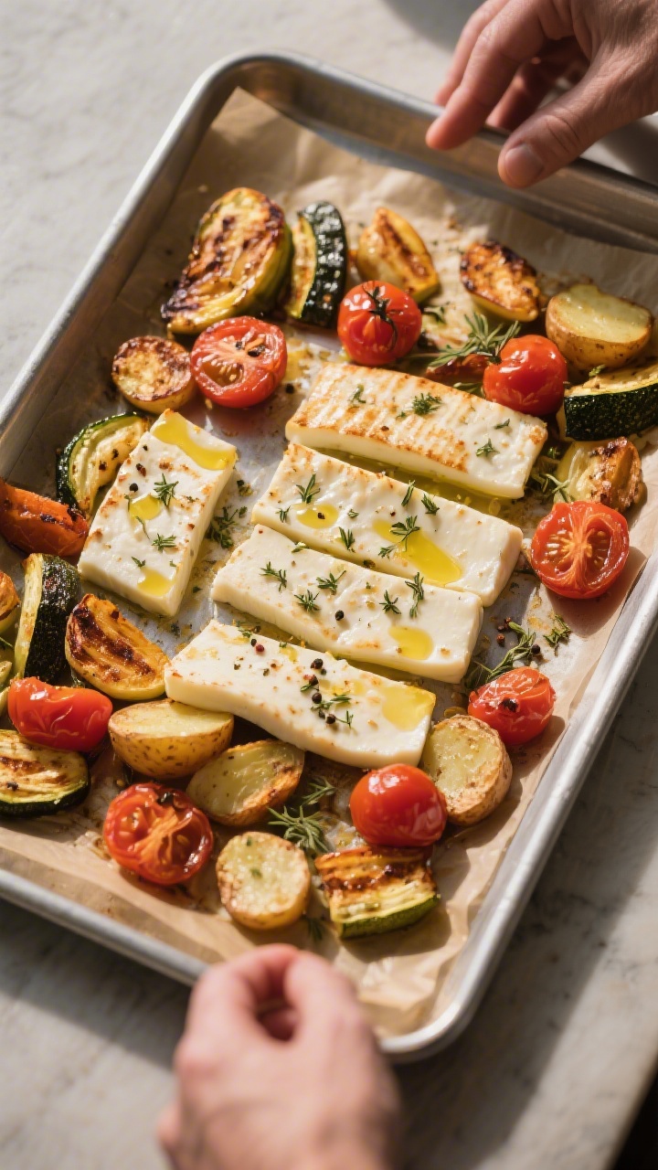 Cooking process: Overhead shot of the sheet pan just after adding Halloumi on top of partially roast