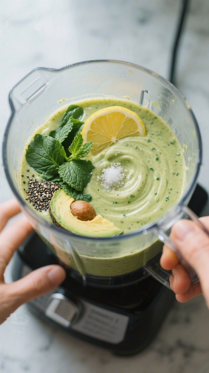 Cooking process: Overhead shot of the smoothie in the blender just after a 1-minute high-speed blend