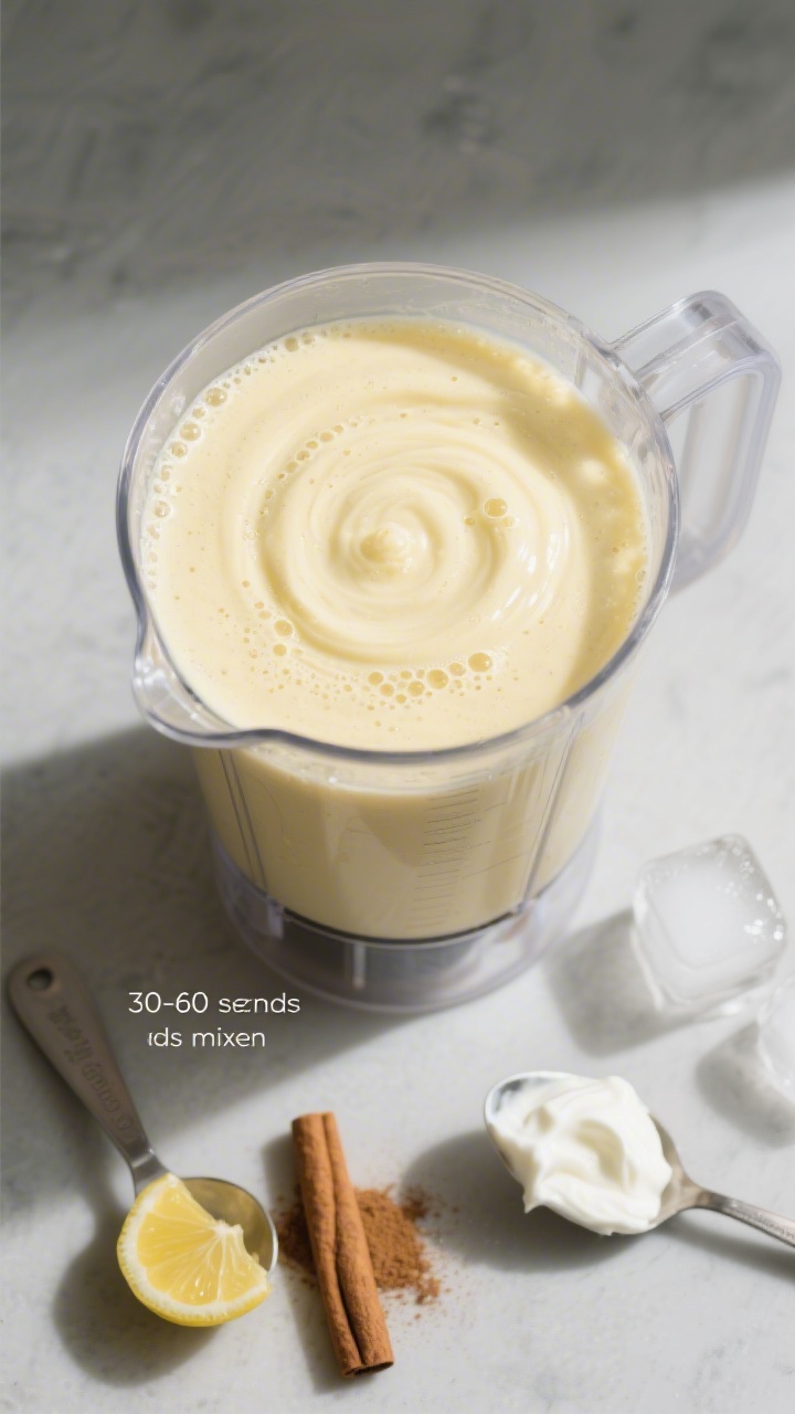 Cooking process: Overhead shot of the smoothie in a clear blender jug right after blending, glossy,