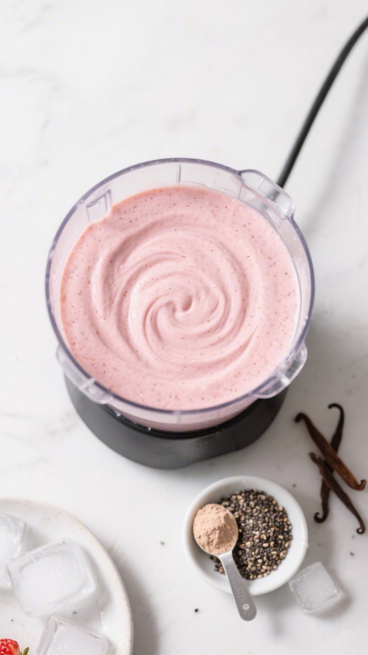 Cooking process: Overhead shot of the smoothie in a high-speed blender just after mixing, perfectly 