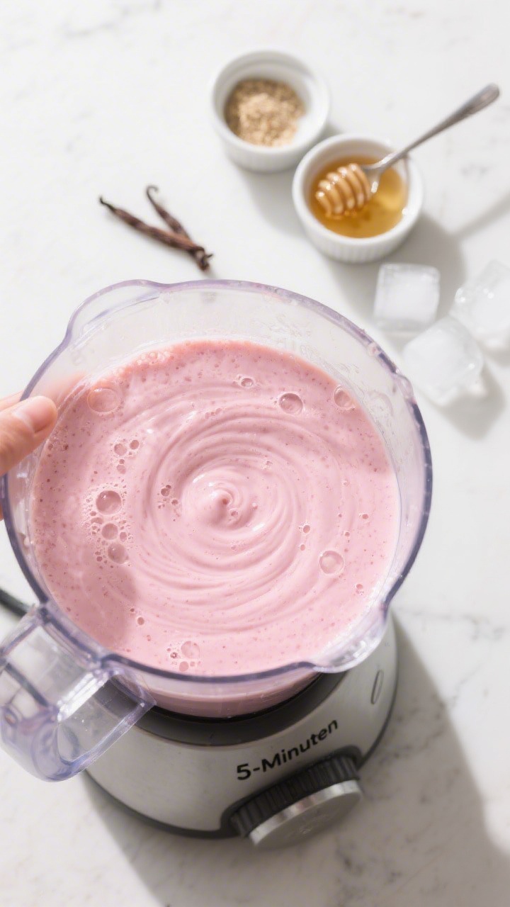Cooking process: Overhead shot of the smoothie in a high-speed blender jar right after mixing, showi