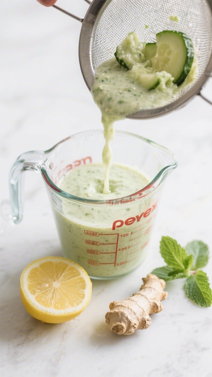 Cooking process: Overhead shot of the smoothie-style version being poured through a fine mesh sieve 