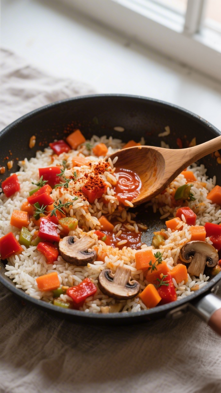 Cooking process: Overhead shot of the vibrant rice-and-vegetable filling being folded together in a 