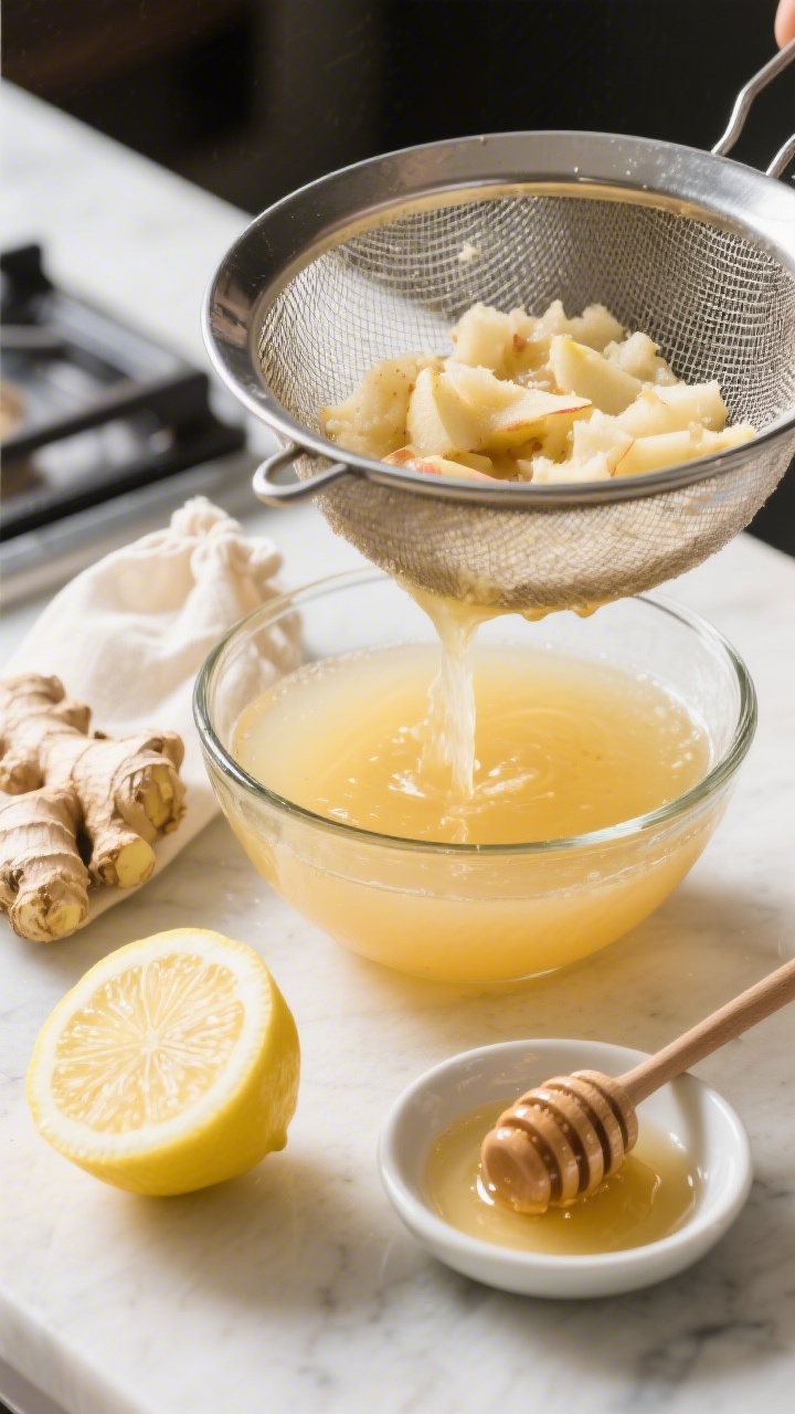 Cooking process scene: Strained apple-ginger juice flowing through a fine mesh sieve into a glass bo