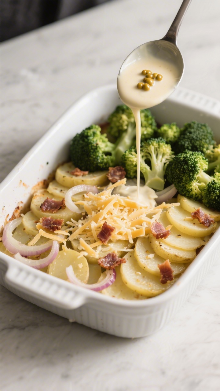 Cooking process shot: Overhead view of the casserole mid-assembly in a white ceramic baking dish—t