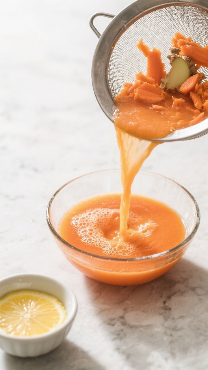 Cooking process shot: Smooth, strained apple-carrot-ginger juice flowing through a fine-mesh sieve i