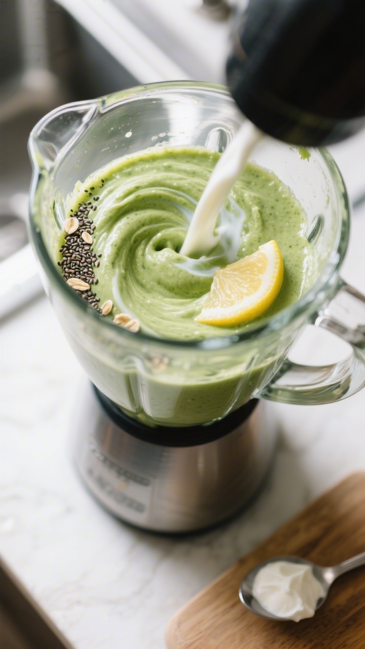 Cooking process: Smoothie blending moment captured mid-swirling vortex inside a high-speed blender j