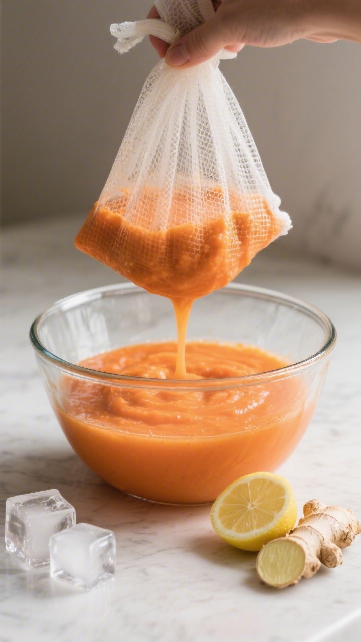 Cooking process: Strained juice in progress using a nut milk bag over a clear mixing bowl—velvety