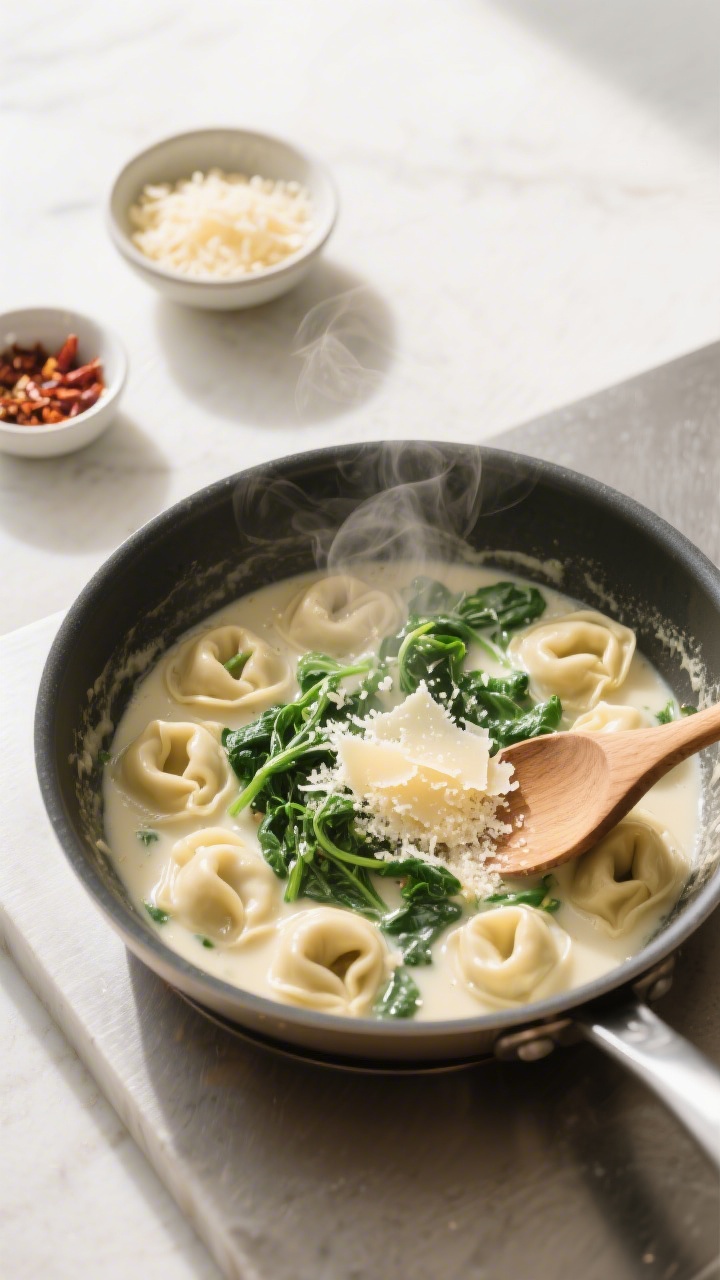 Cooking process: Tortellini simmering directly in a light cream and vegetable broth sauce in one lar