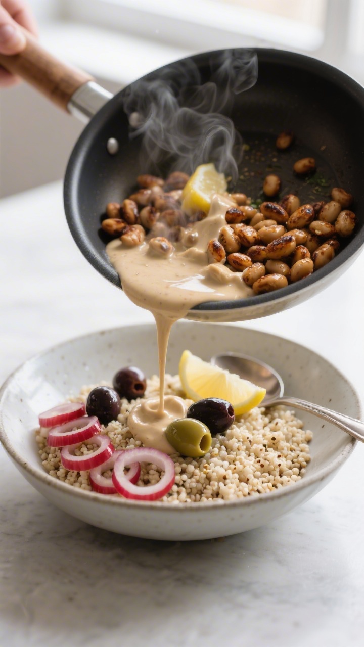 Cooking process: Warme Quinoa-Basis in einer Schüssel, darauf noch dampfende, in der Pfanne angerö