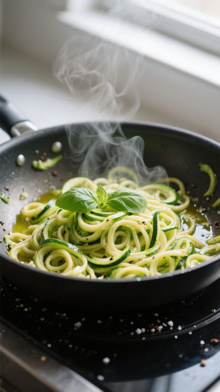 Cooking process: Zucchini-Nudeln being quickly sautéed in a wide skillet with a sheen of olive oil,