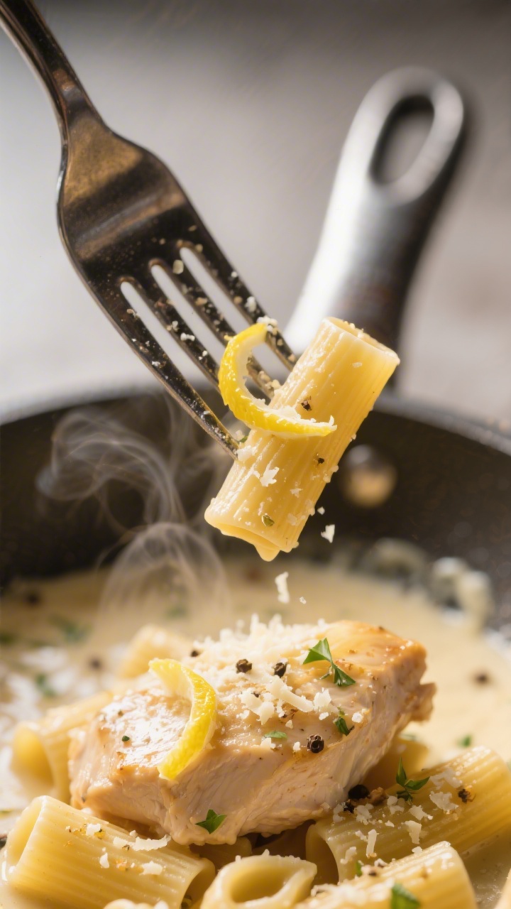 Detail-Makro der finalen Texturen: Nahaufnahme einer Gabel, die einige Rigatoni mit sämiger Parmesa
