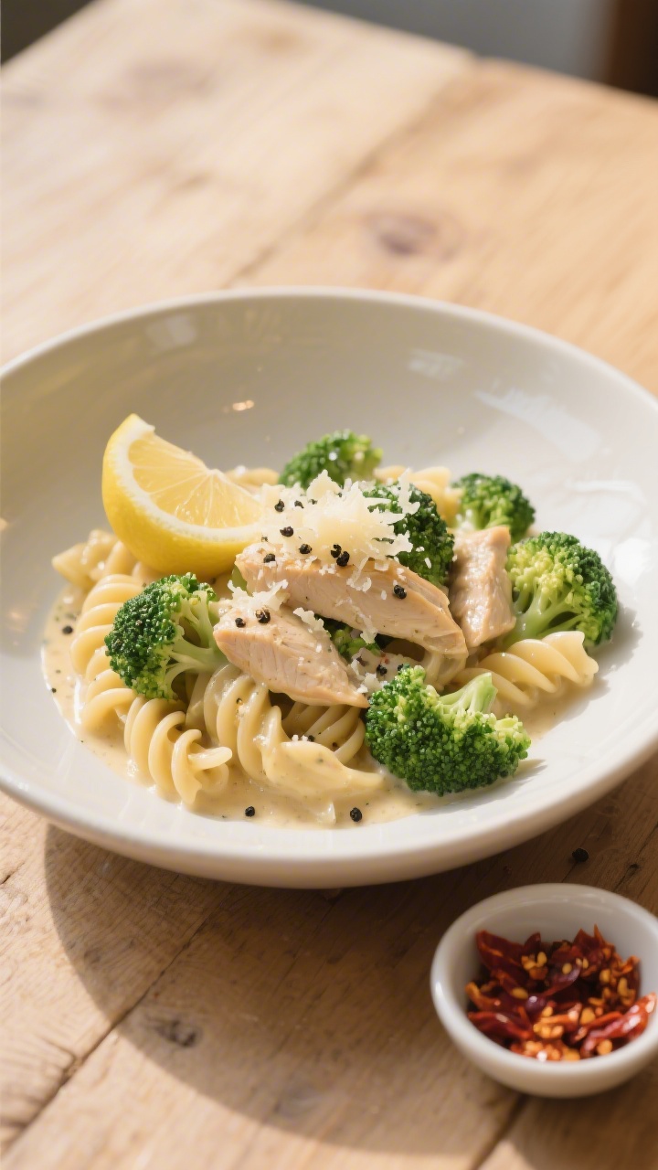 Final dish presentation: Beautifully plated Hähnchen-Brokkoli-Pasta in a wide, off-white bowl, glos