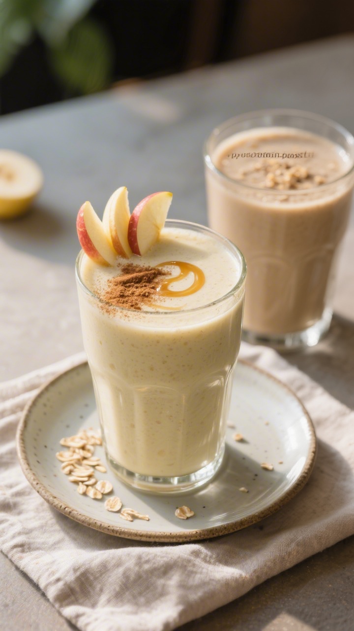 Final dish presentation: Beautifully presented Apfel-Bananen-Smoothie in a chilled highball glass on