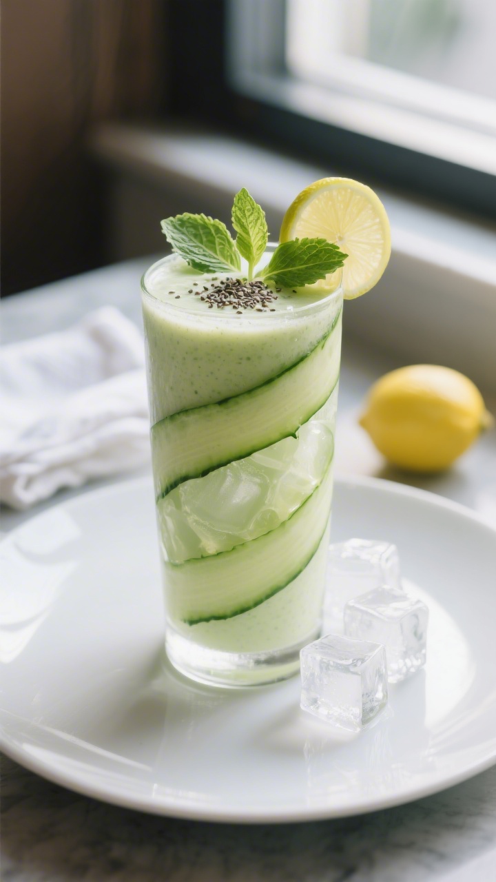 Final dish presentation: Restaurant-quality plating of the cucumber-lemon-mint detox smoothie served