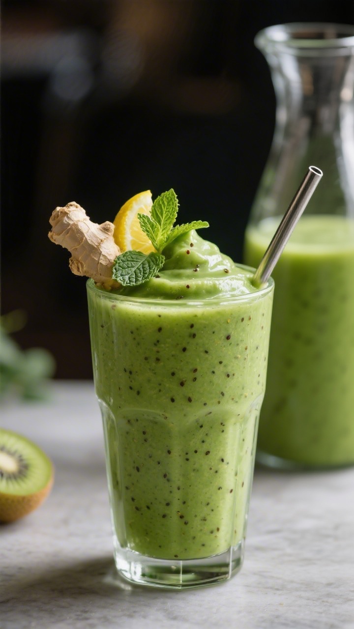 Final dish presentation: Restaurant-quality scene of a single tall smoothie glass showcasing a rich,