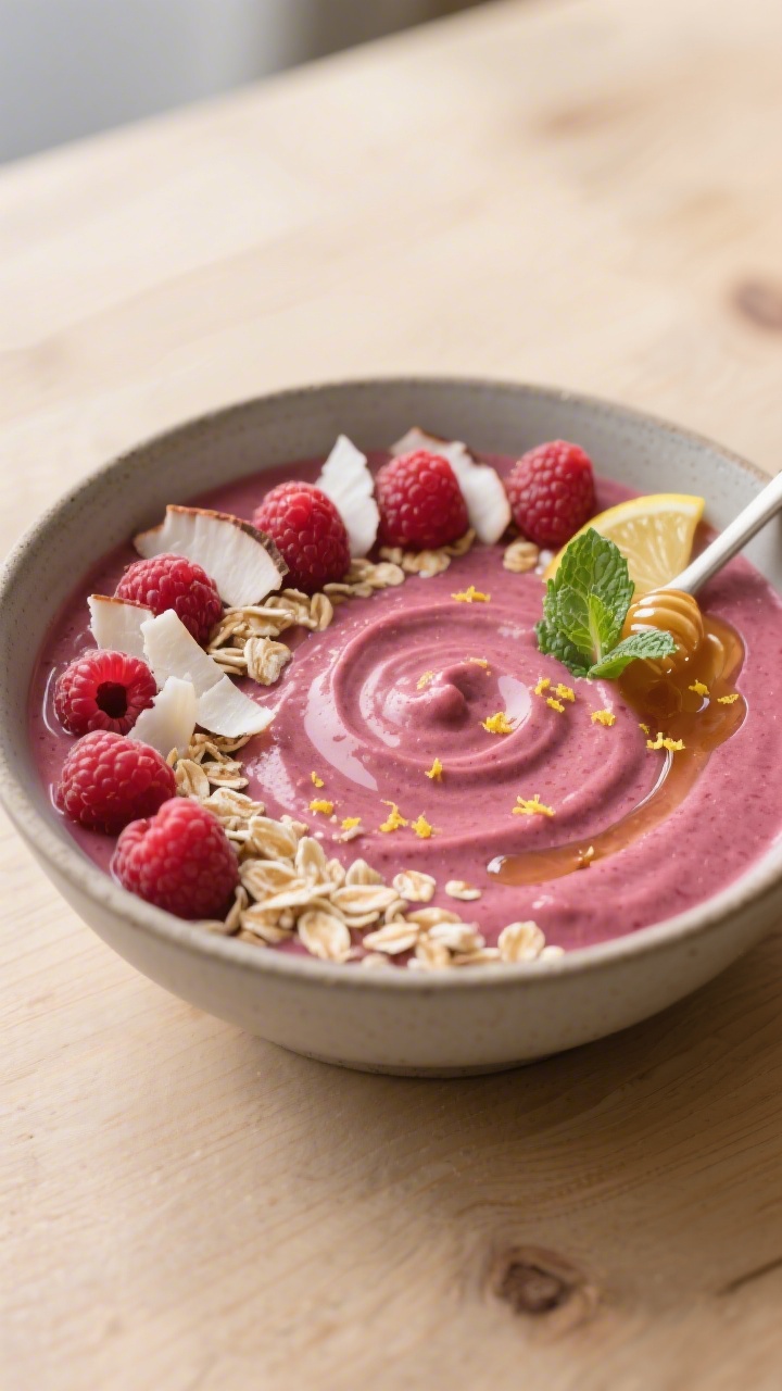 Final dish presentation: Restaurant-quality scene of a raspberry smoothie bowl, blended extra thick 