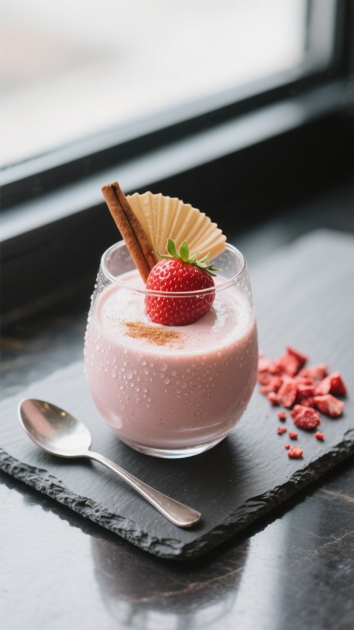 Final dish presentation: Restaurant-quality serving of Erdbeer Vanille Smoothie in a chilled stemles