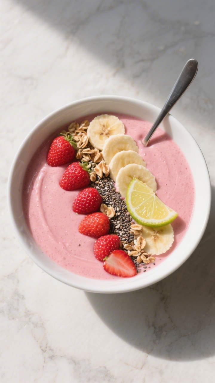 Final dish presentation: Tasty top view of a breakfast-ready Erdbeer-Bananen-Smoothie bowl, extra th