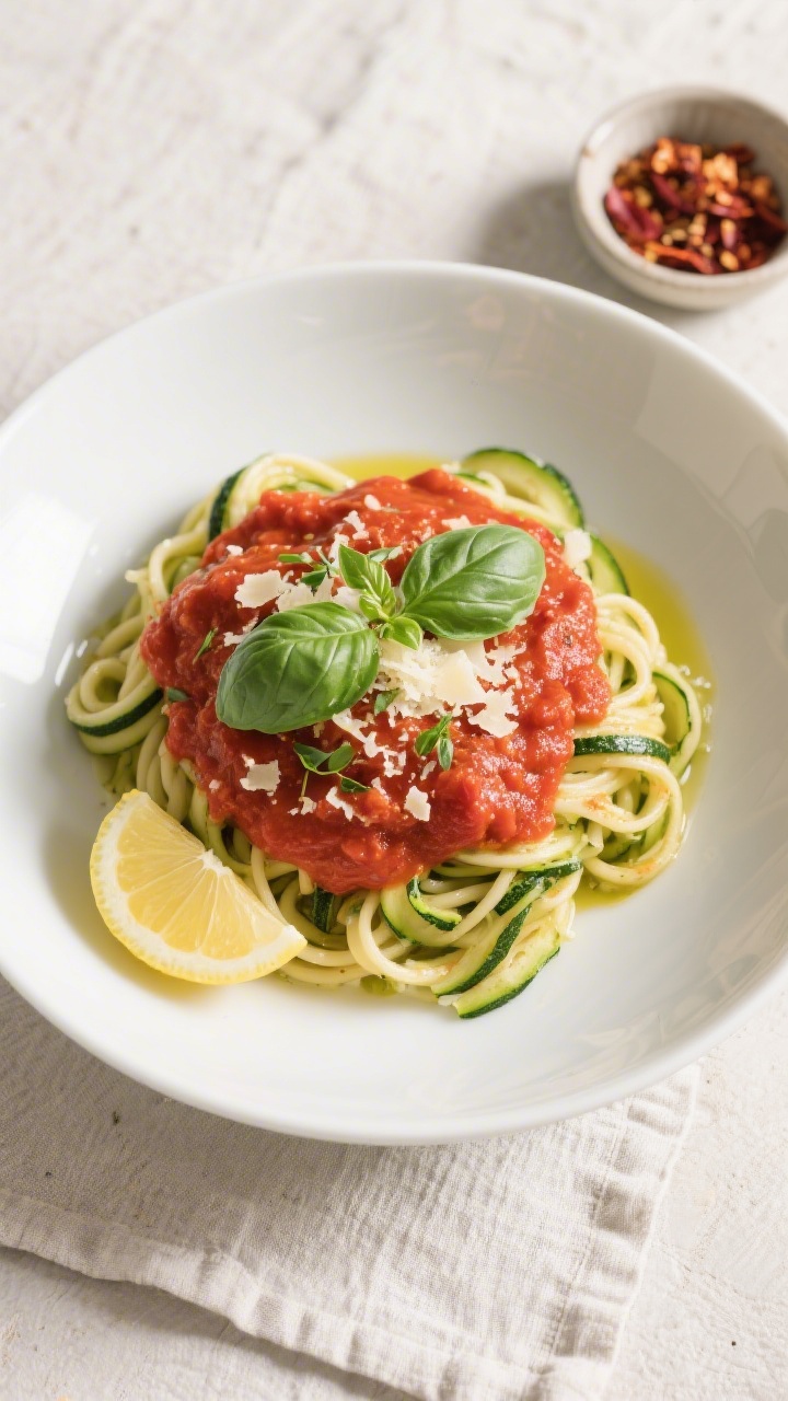 Final dish, top view: Overhead shot of Zucchini-Nudeln topped with a generous ladle of sämige Tomat