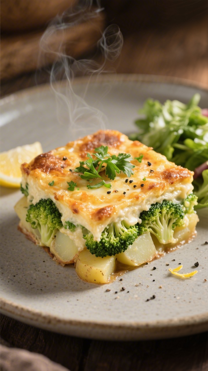 Final plated dish: A neat square portion of Kartoffel-Brokkoli-Auflauf served on a matte stoneware p