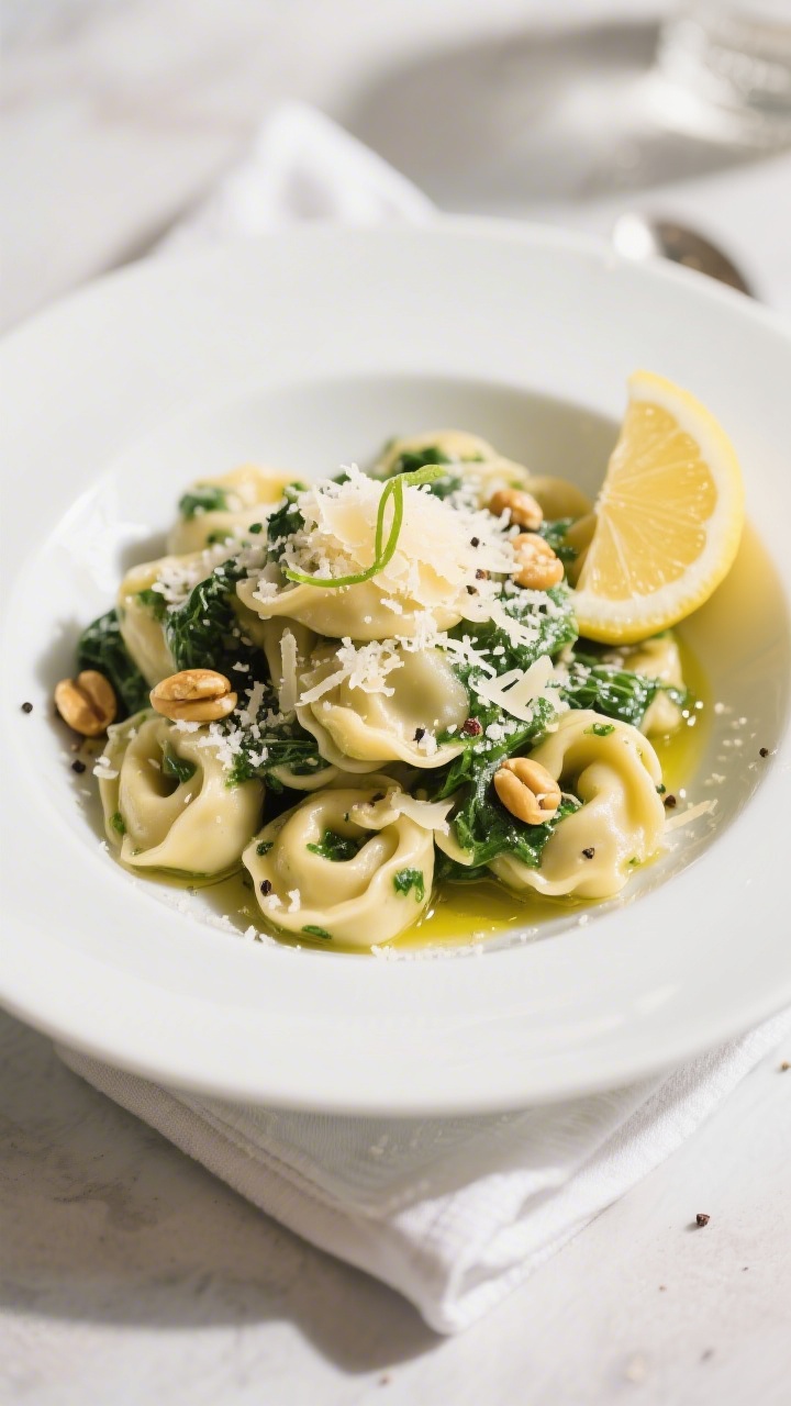 Final plated dish: Beautifully plated Blitzschnelle Tortellini mit Spinat & Parmesan in a wide, shal