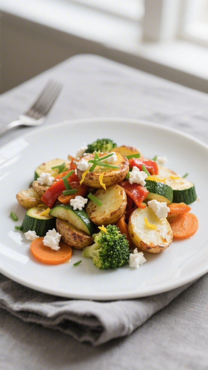 Final plated dish: Beautifully plated portion of the potato-vegetable sauté on a matte white dinner