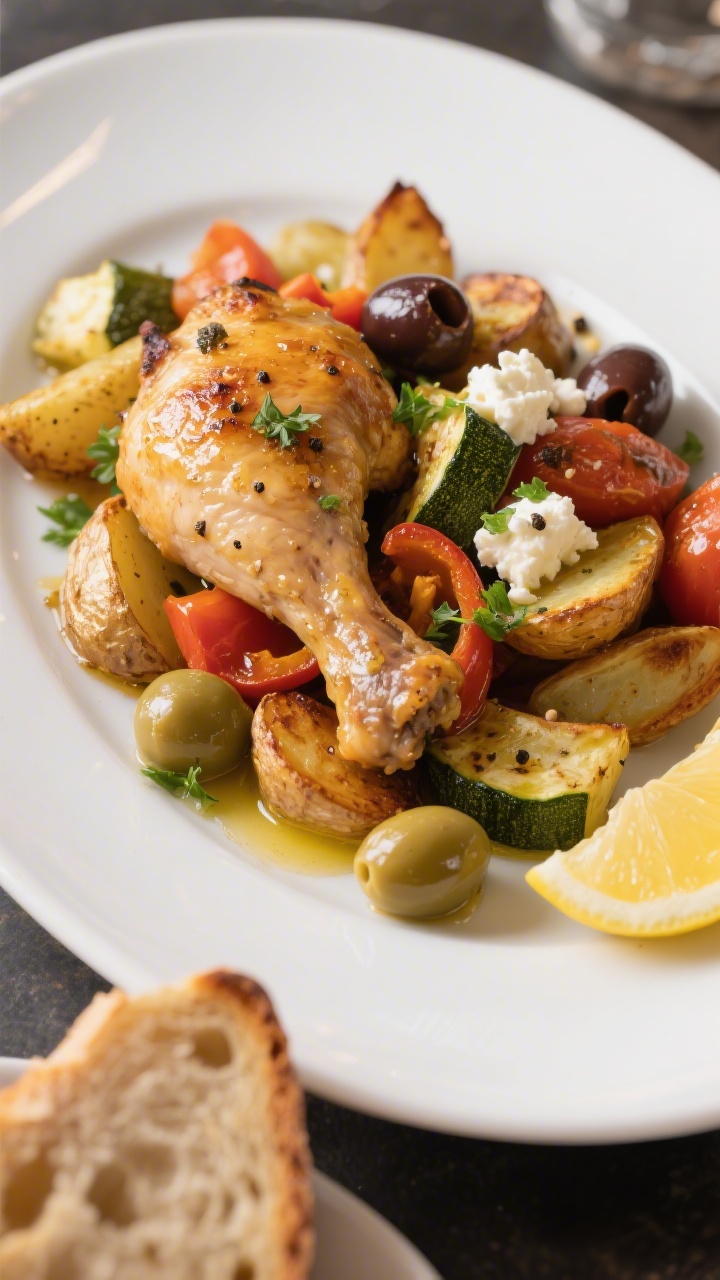 Final plated dish: Beautifully plated serving of Mediterranean oven-roast chicken and vegetables on 
