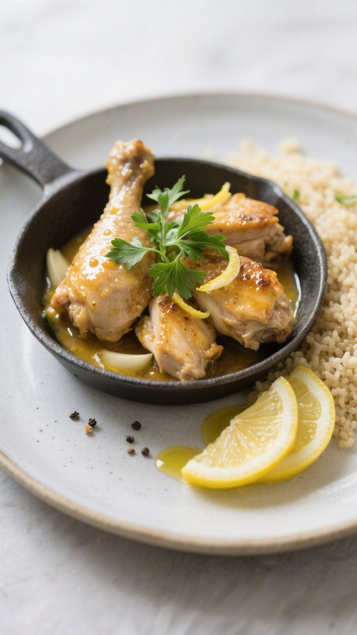 Final plated dish: Elegant angerichtete Zitronen-Hähnchen-Pfanne als Tellerportion auf einem matten