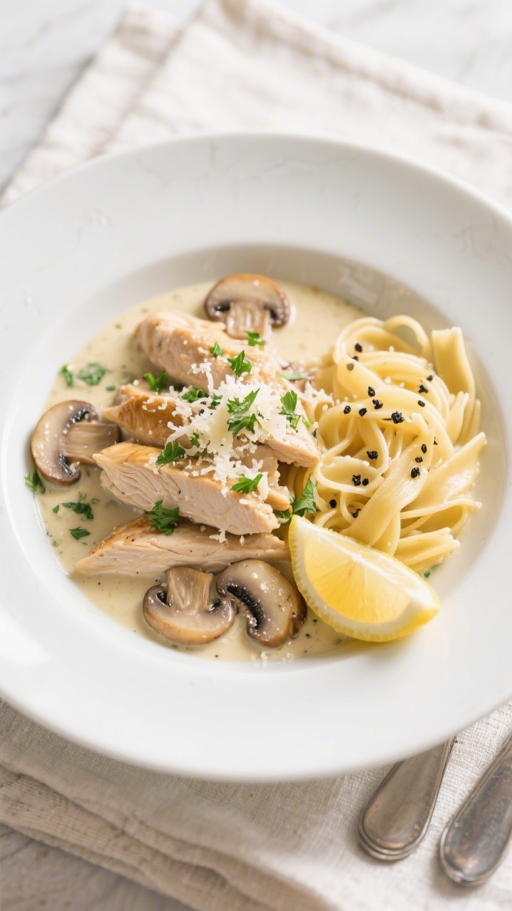 Final plated dish, overhead: Beautifully plated Hähnchen-Champignon-Pfanne in a shallow white bowl,