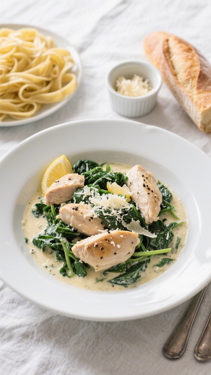 Final plated dish overhead: Hähnchen-Spinat-Sahne-Pfanne served in a shallow white bowl, tender chi