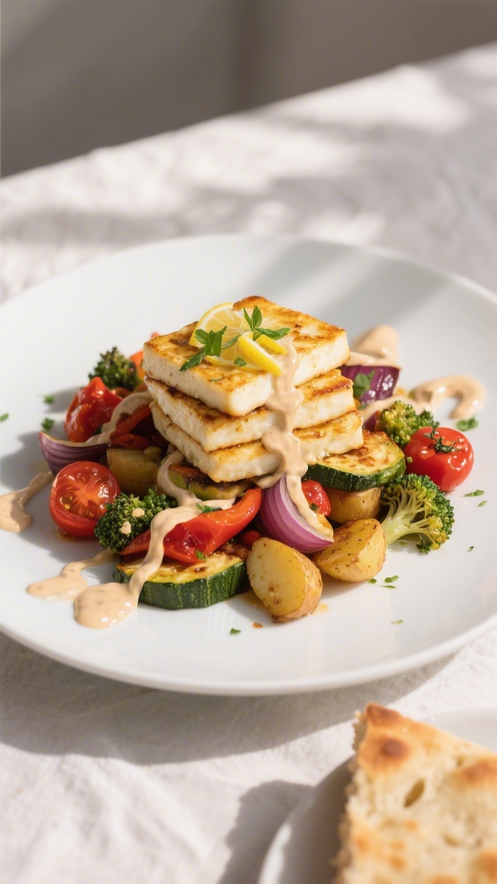 Final plated dish: Restaurant-quality plating of Gemüse-Blech mit Halloumi on a wide, matte white p