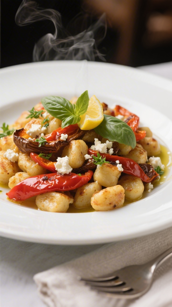 Final plated dish: Restaurant-quality presentation of a generous portion of oven-gnocchi with roaste