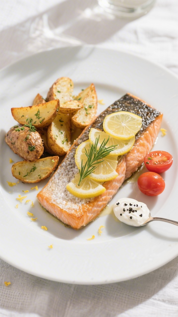 Final plated dish, restaurant-quality presentation: a single salmon fillet with skin side down, topp