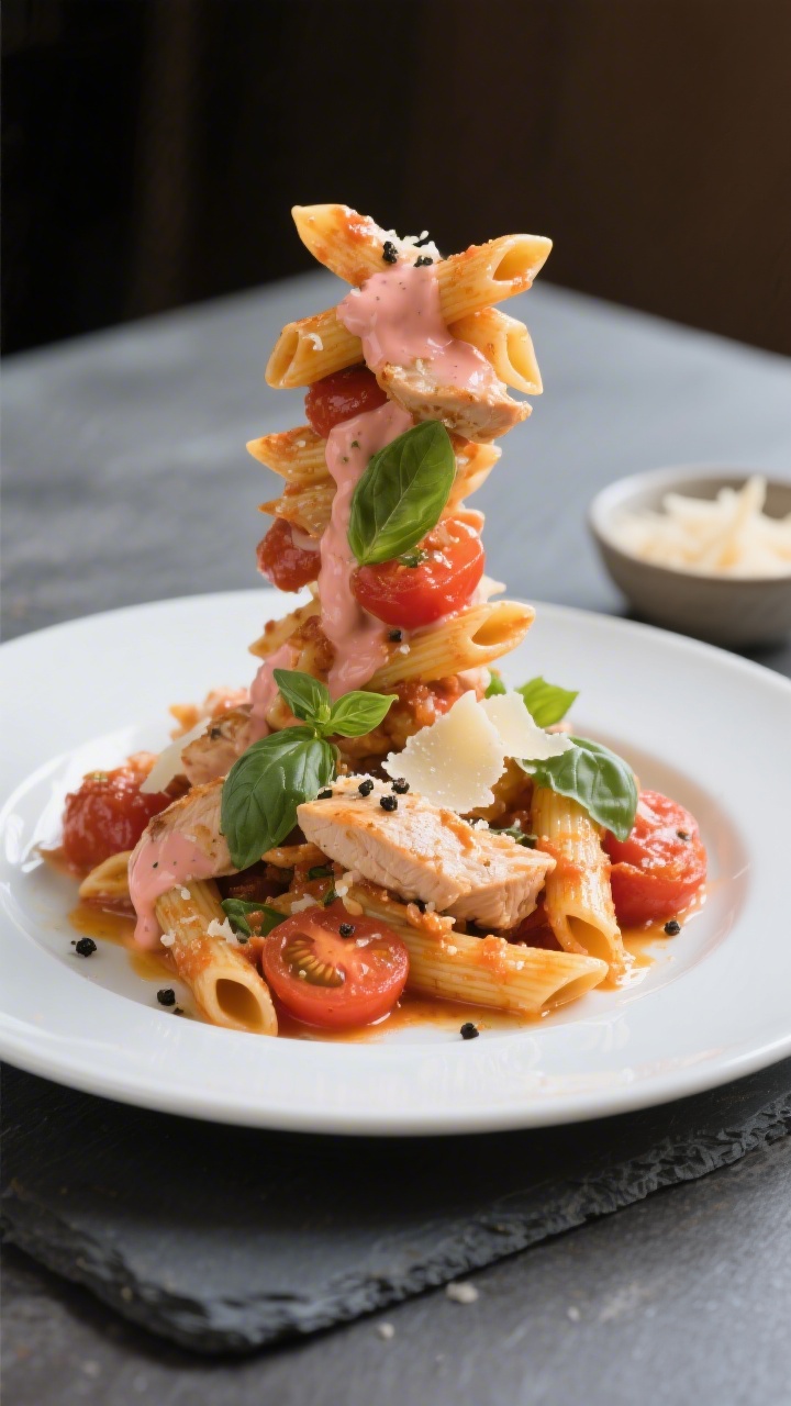 Final plated dish: Restaurant-quality presentation of Hähnchen-Tomaten-Pasta twirled high on a matt