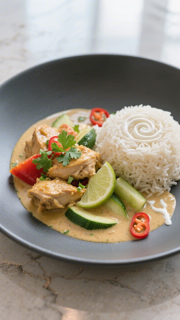 Final plated dish, restaurant-quality presentation: Elegant shallow bowl with a mound of Basmatireis