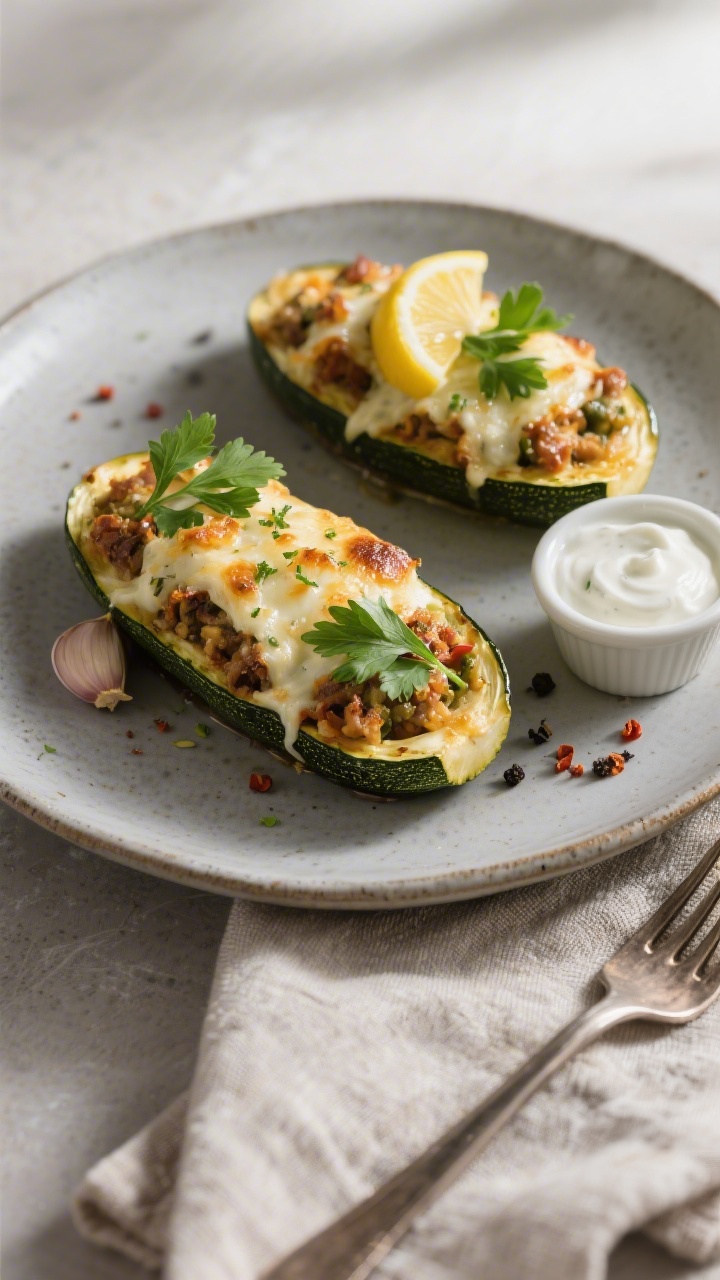 Final plated dish: Restaurant-quality presentation of two stuffed zucchini halves on a matte stonewa