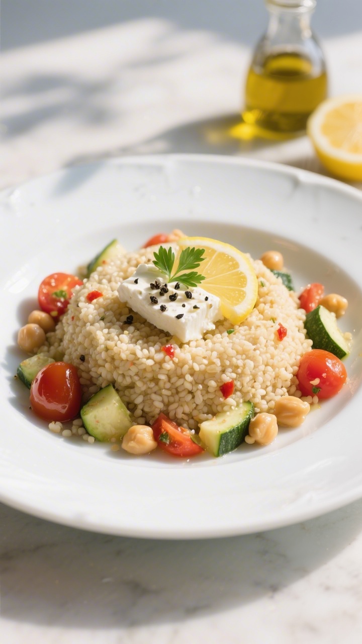 Final plated dish: Restaurant-quality single serving of the couscous on a white rimmed plate, mounde