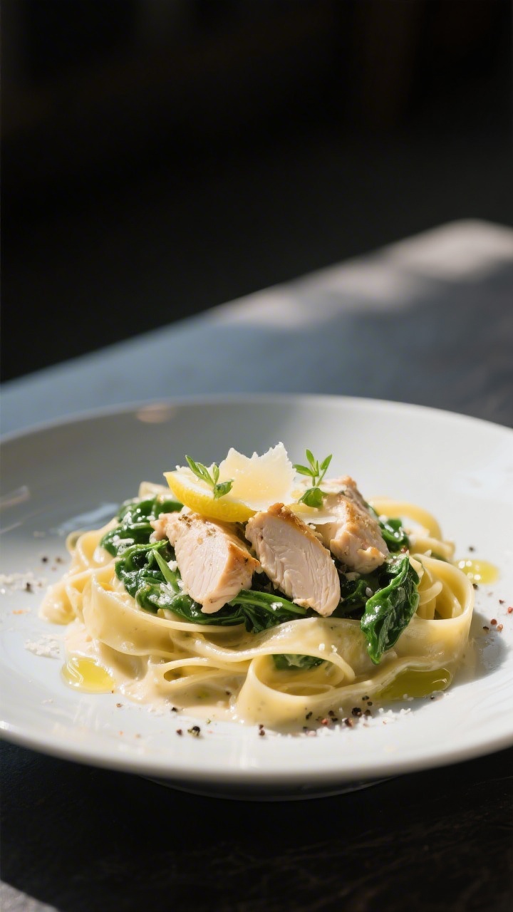 Final plated dish, restaurant style: Elegant angerichtete Hähnchen-Spinat-Pasta (Tagliatelle) auf e