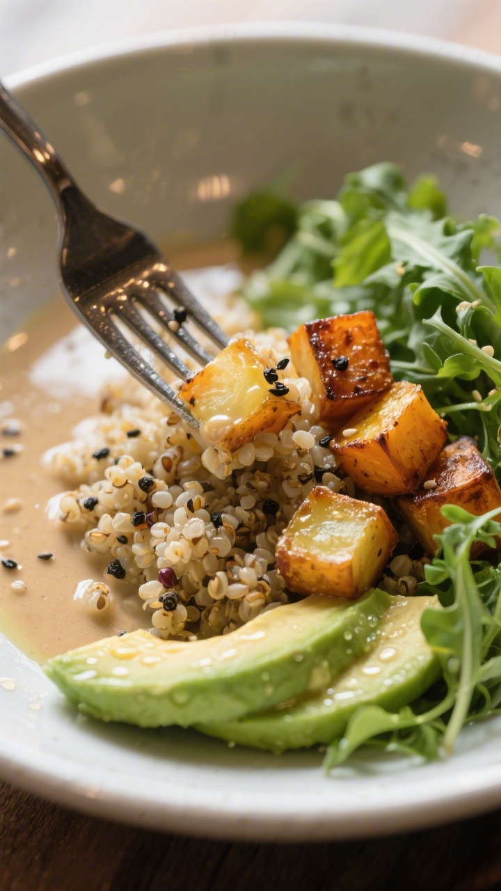 Final plated hero, close detail: Beauty close-up of a single portion showcasing textures—fork gent