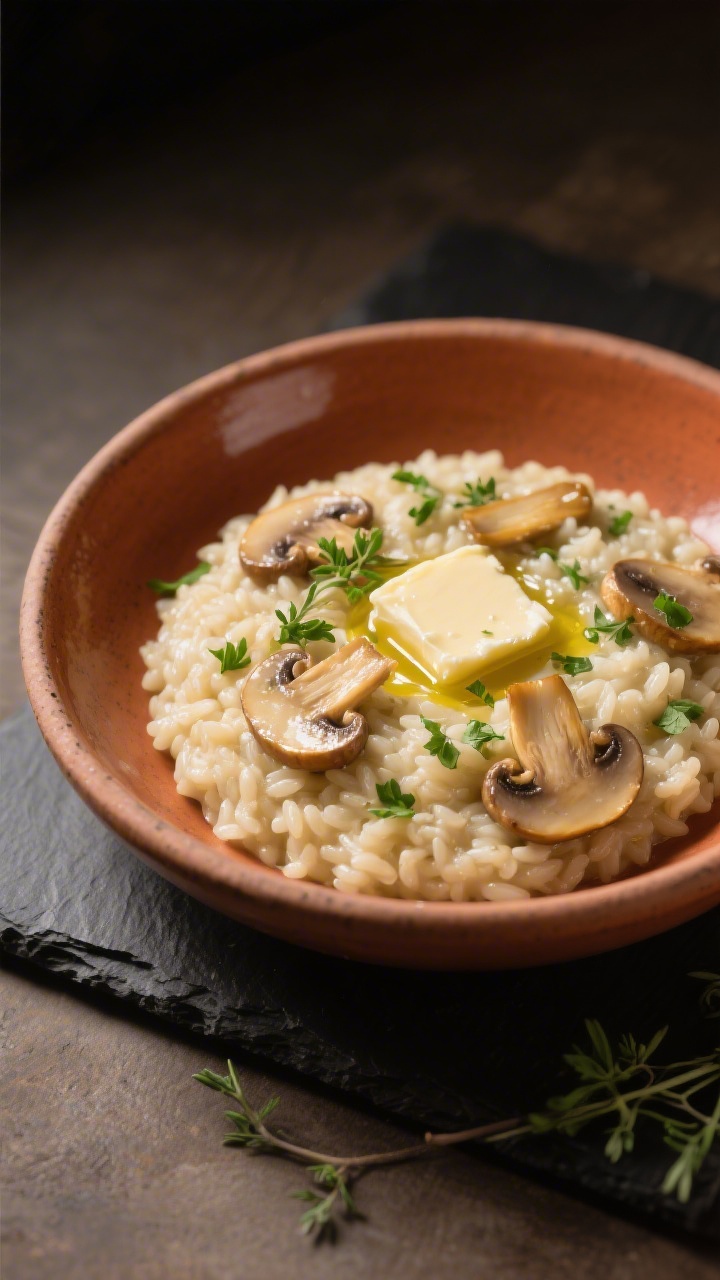 Final plated hero: Restaurant-quality plating of mushroom Parmesan risotto “all’onda,” the sur