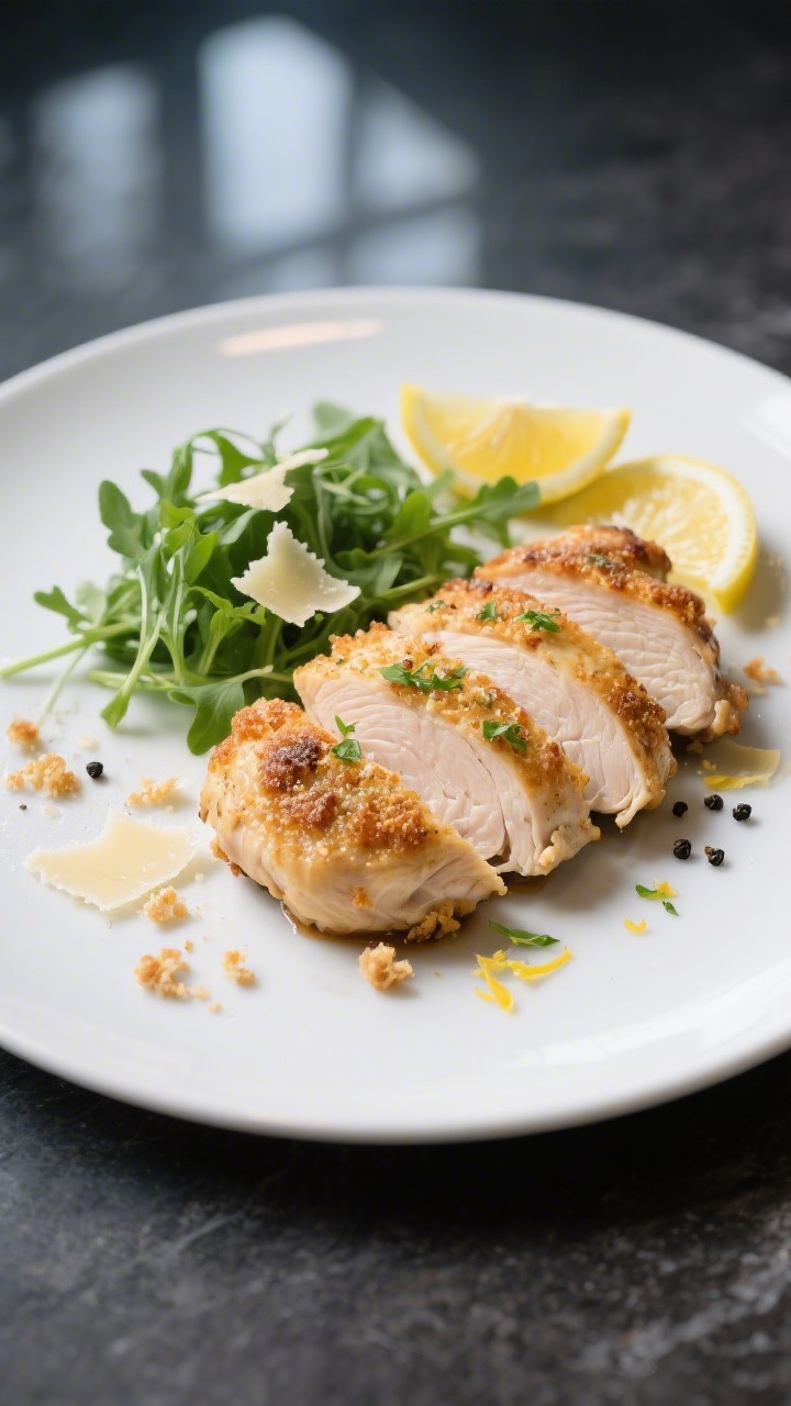 Final plated presentation: restaurant-quality plate of Knoblauch-Parmesan-Hähnchen sliced to reveal