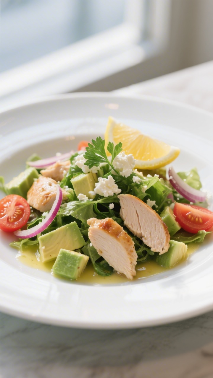 Final plated presentation: Restaurant-quality plate of Hähnchen-Avocado-Salat neatly composed on a 