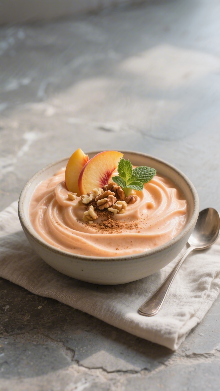 Final presentation beauty shot: Pfirsich-Bananen-Smoothie “Nicecream-Style” served thick and lö